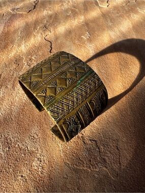 Vintage African Etched Brass Wide Cuff Bracelet - Geometric Pattern & Patina